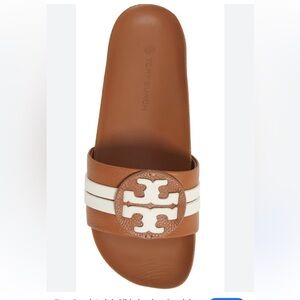 Tory Burch Tan and White Logo Leigh Slide Leather Sandal